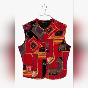 Joseph Ribkoff Vintage Quilted Vest – Bold Geometric Print & Silver Claw Toggles